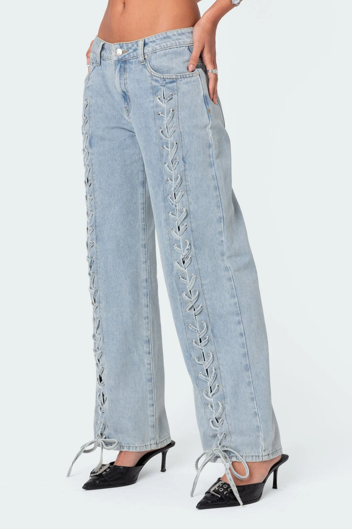 Light Blue Denim Lace-Up Low Rise Jeans