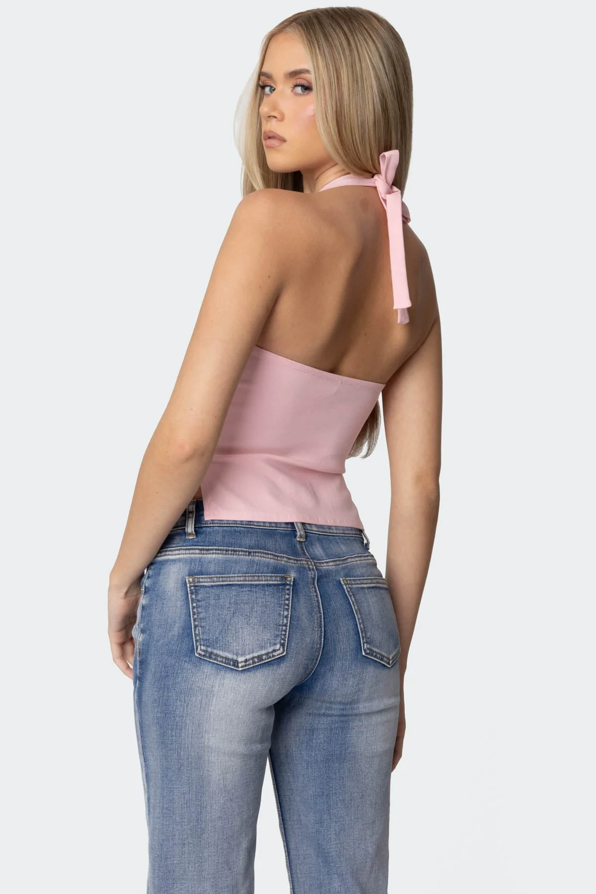 Pink Cotton Halter Top with Side Slit Detailing