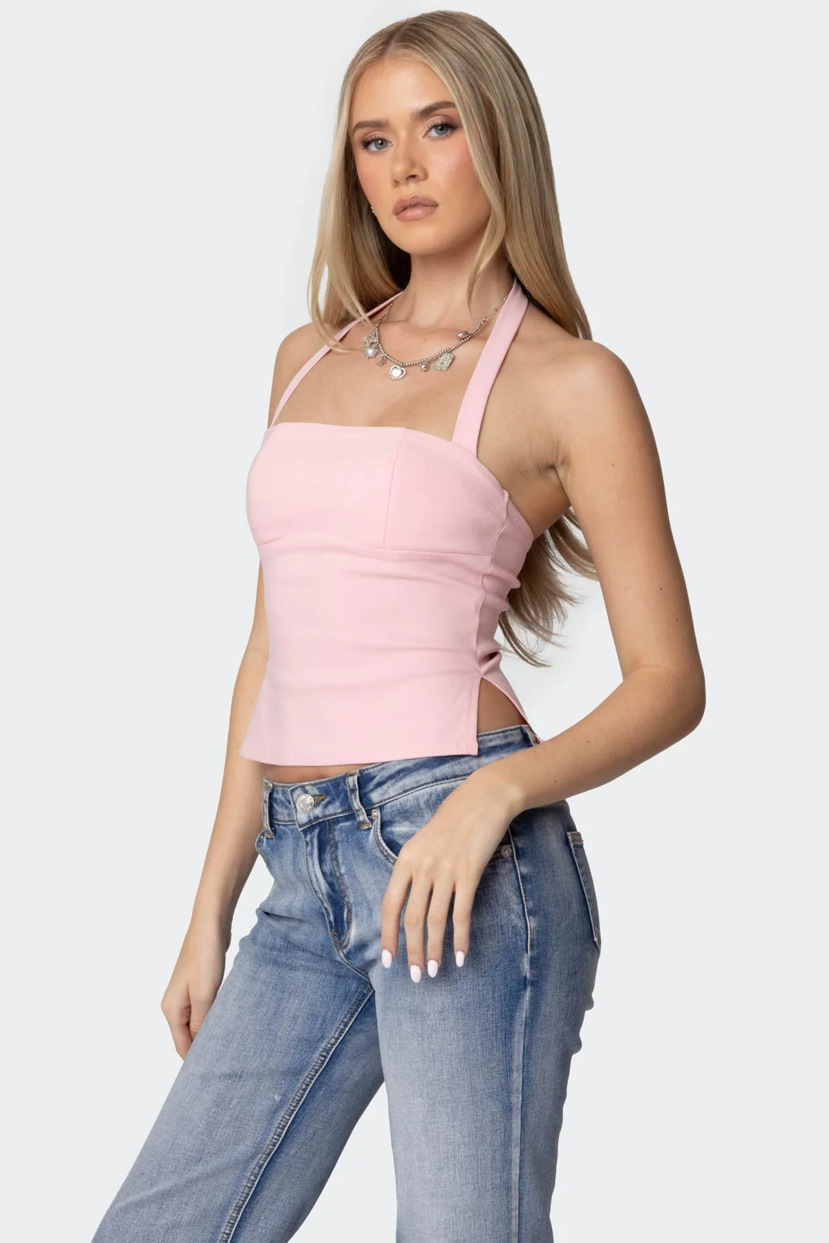 Pink Cotton Halter Top with Side Slit Detailing