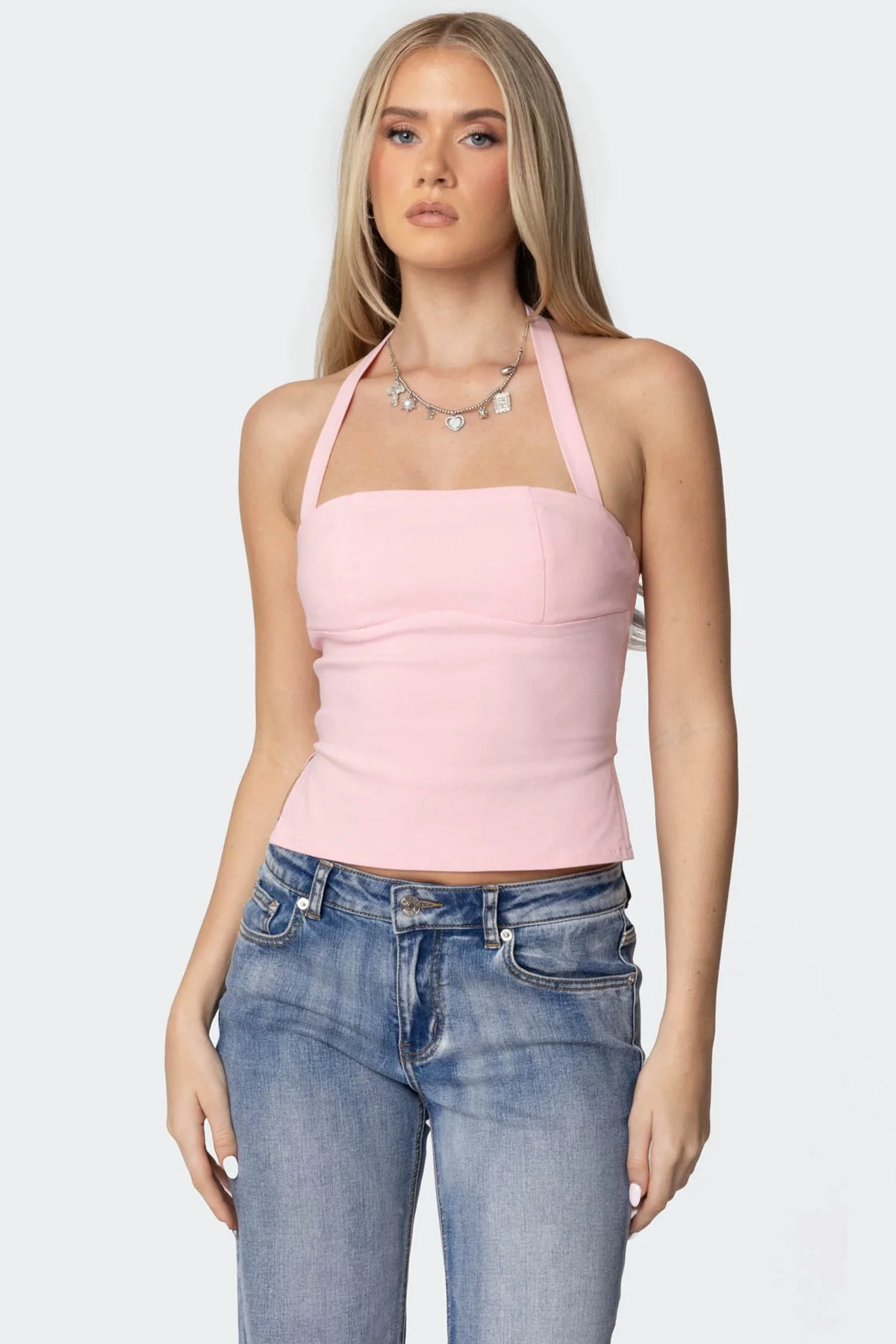 Pink Cotton Halter Top with Side Slit Detailing
