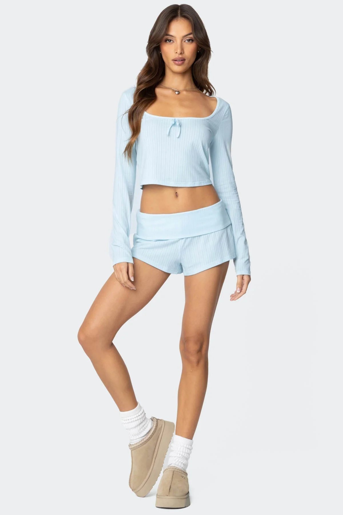 Light Blue Ribbed Sleepwear Shorts
