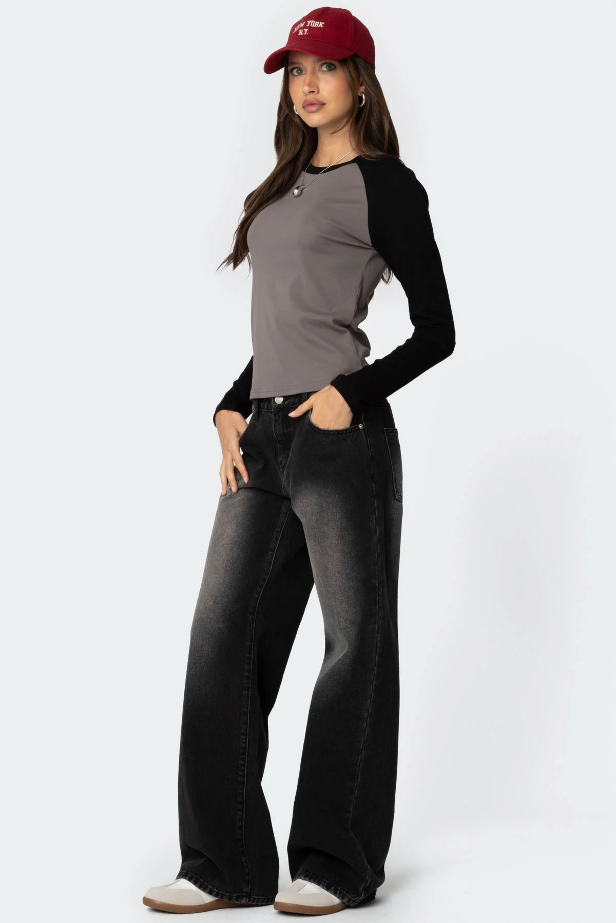 Gray and Black Raglan Sleeve Cotton T-Shirt for Men