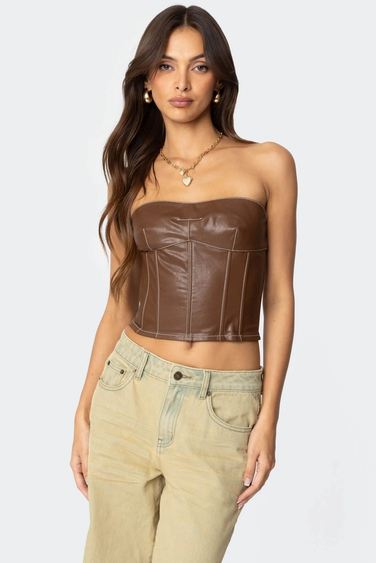 Brown Faux Leather Corset with Lace-Up Design