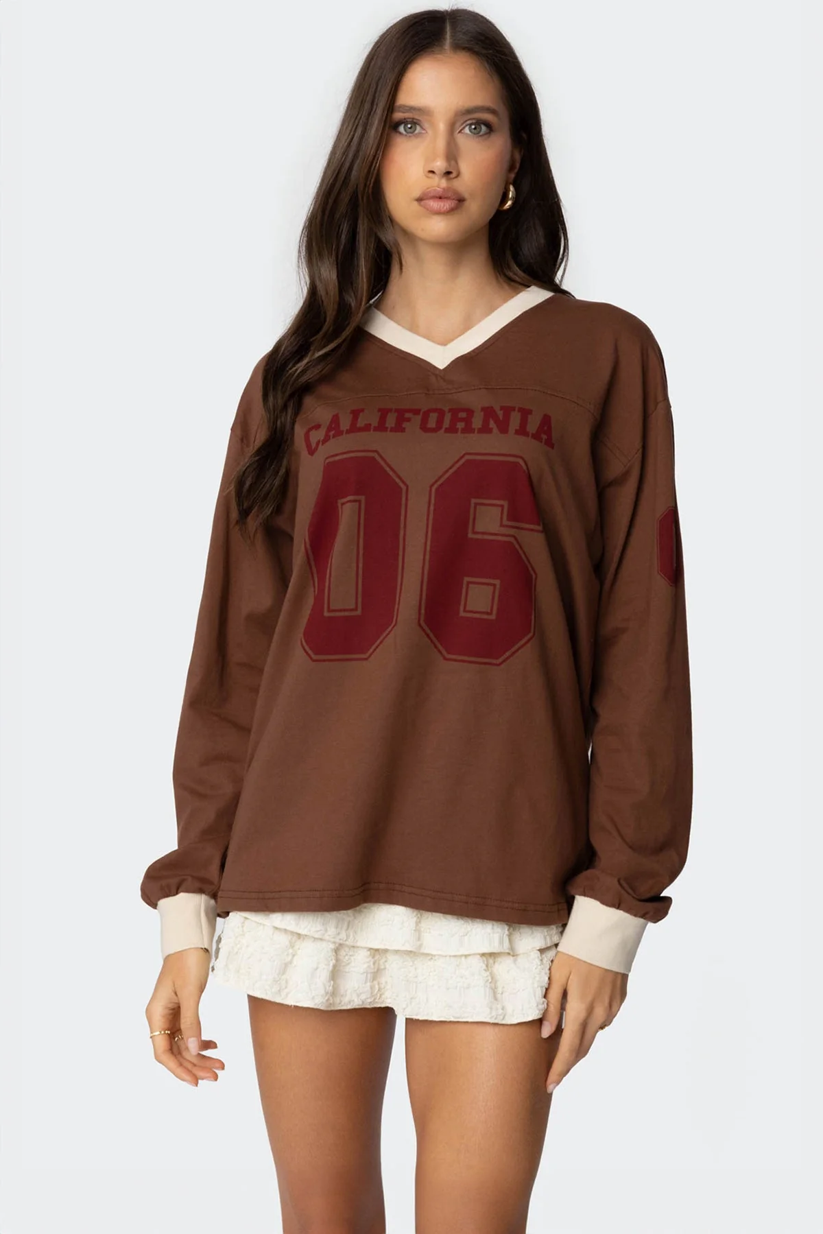 Brown Oversized Graphic Print Long Sleeve T-Shirt