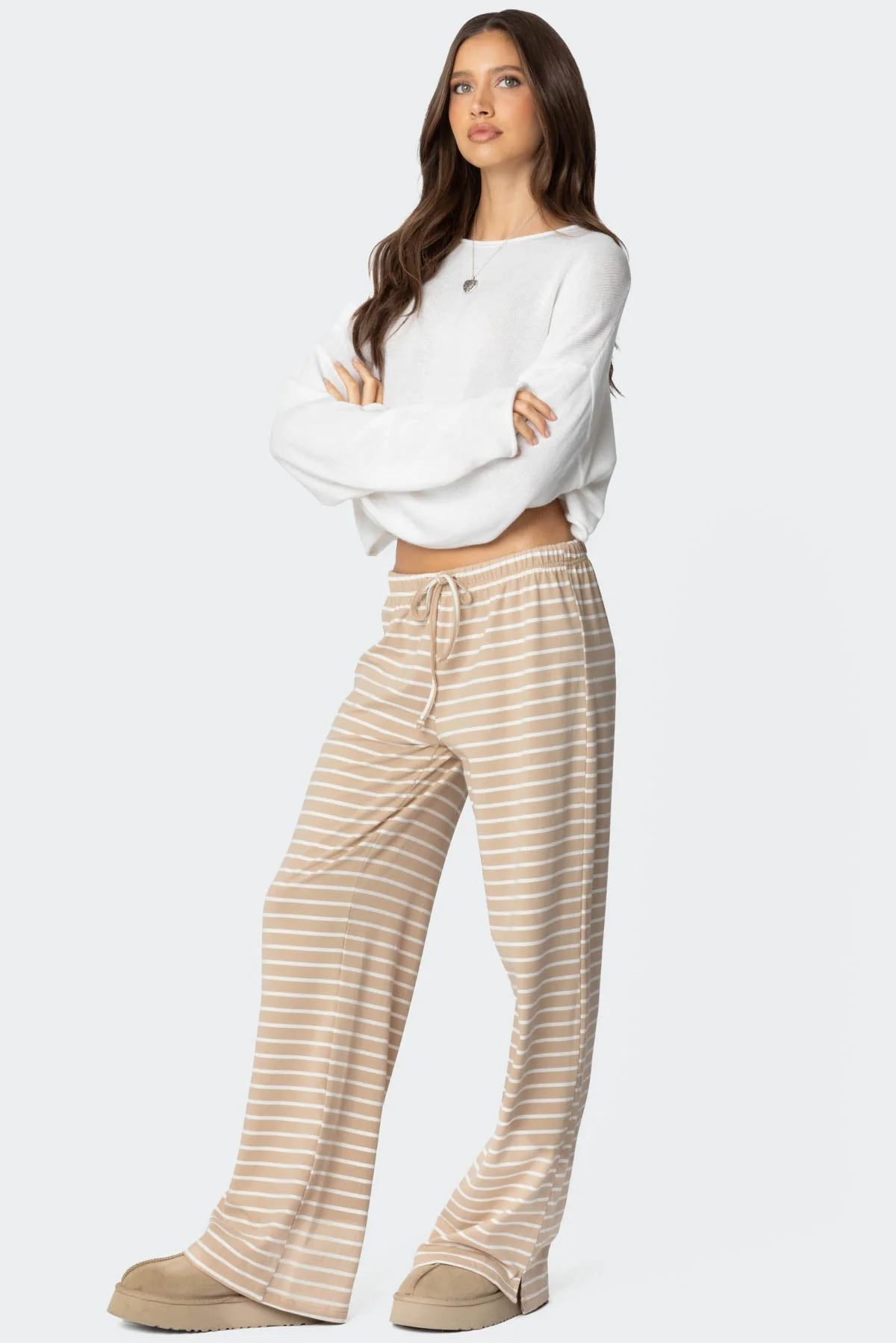 Beige Striped Sleepwear Lounge Pants Womens Adjustable Waist Slit Detail