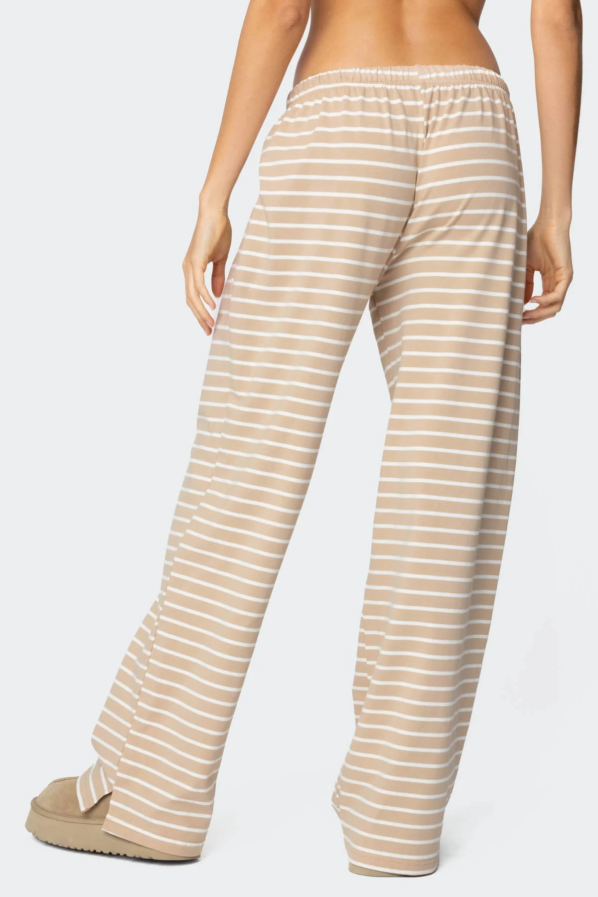 Beige Striped Sleepwear Lounge Pants Womens Adjustable Waist Slit Detail