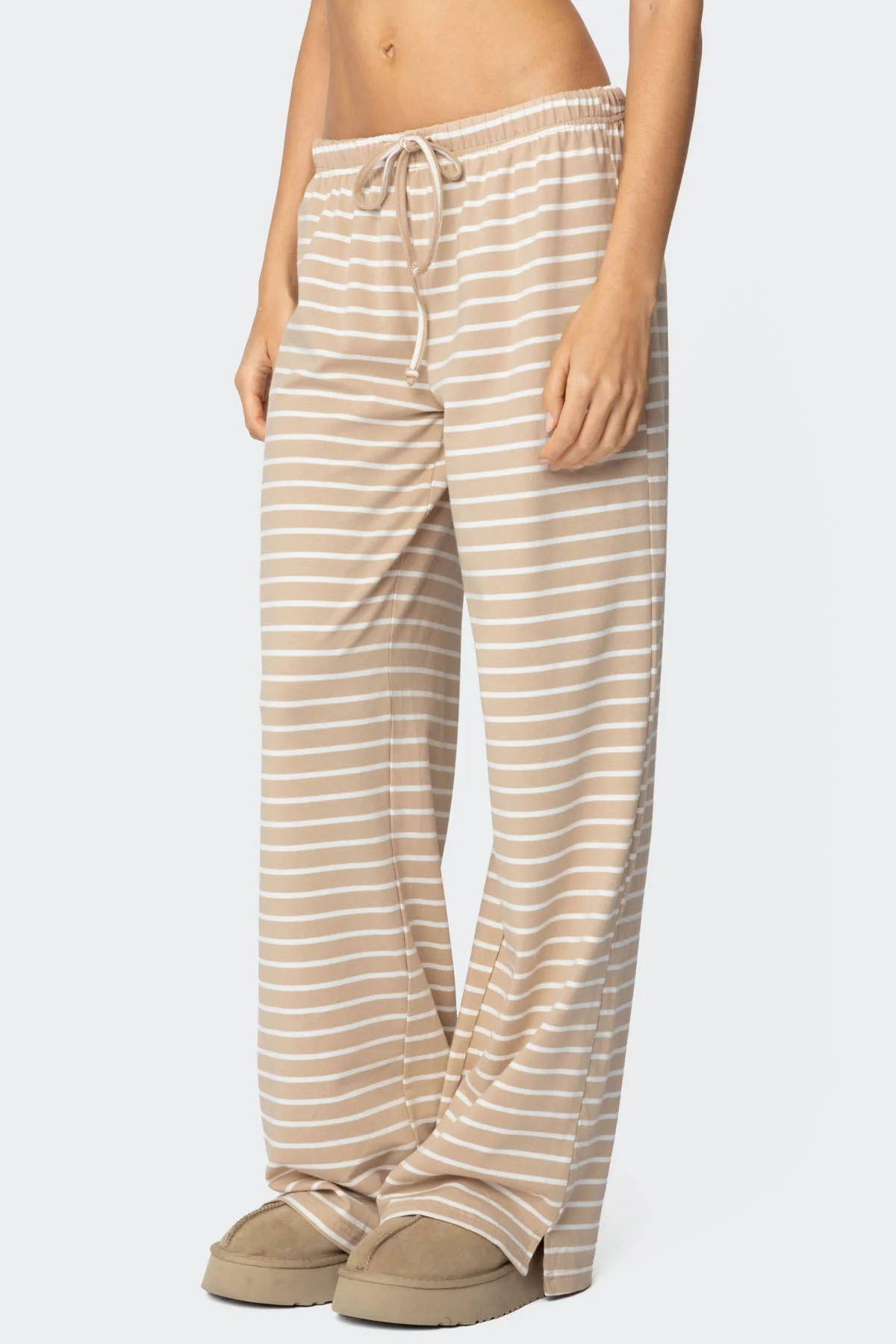 Beige Striped Sleepwear Lounge Pants Womens Adjustable Waist Slit Detail