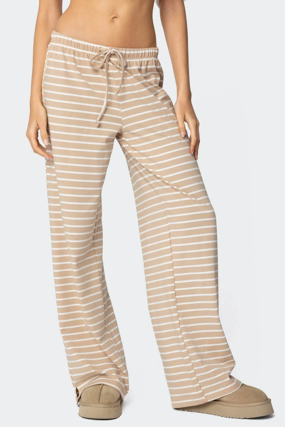Beige Striped Sleepwear Lounge Pants Womens Adjustable Waist Slit Detail