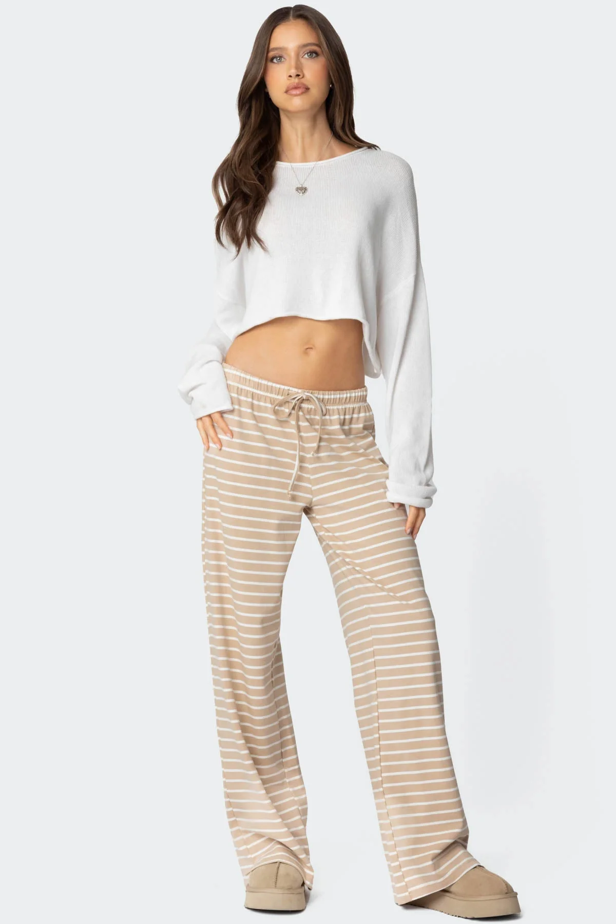 Beige Striped Sleepwear Lounge Pants Womens Adjustable Waist Slit Detail