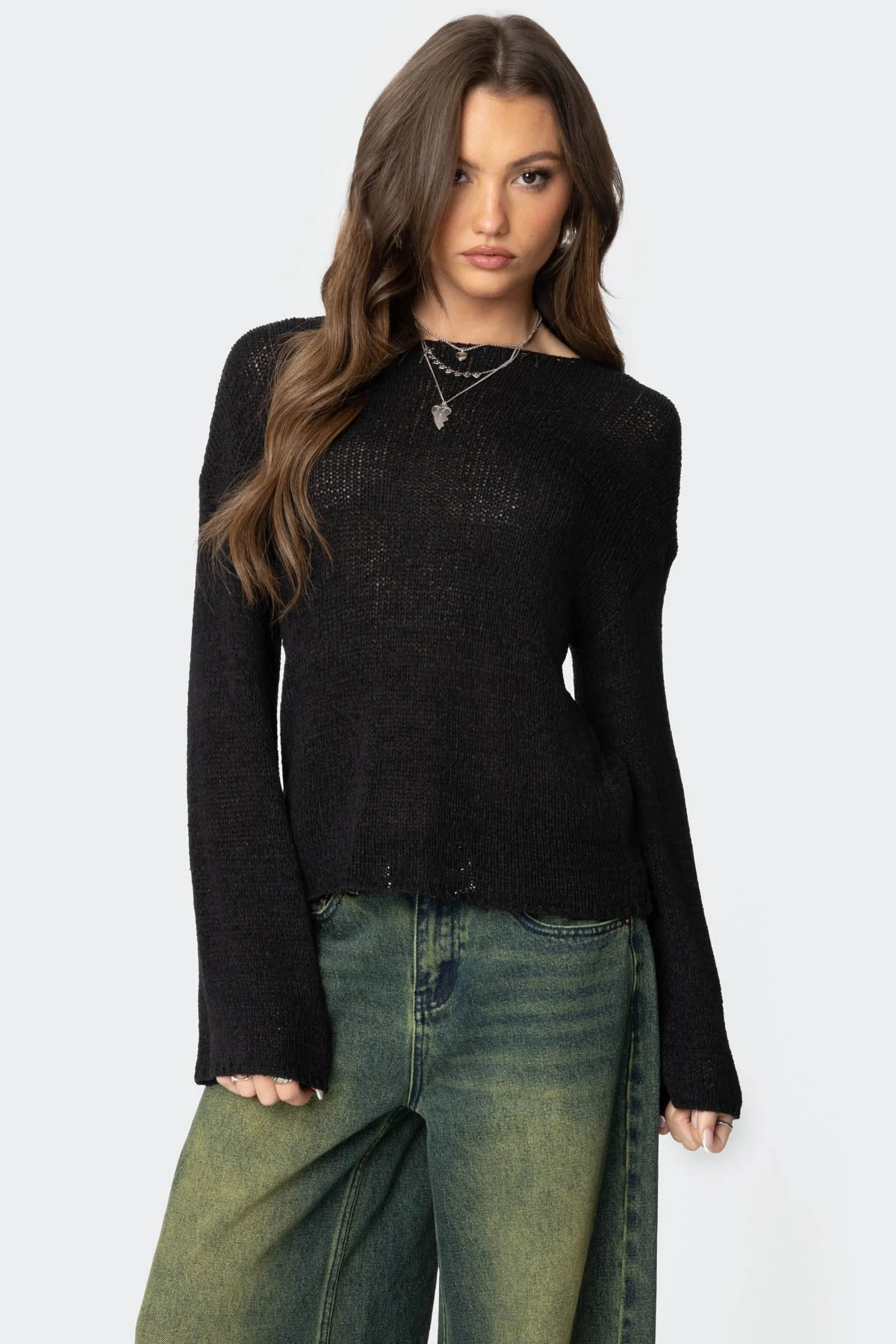 Black Drop Shoulder Knit Sweater - Relaxed Fit