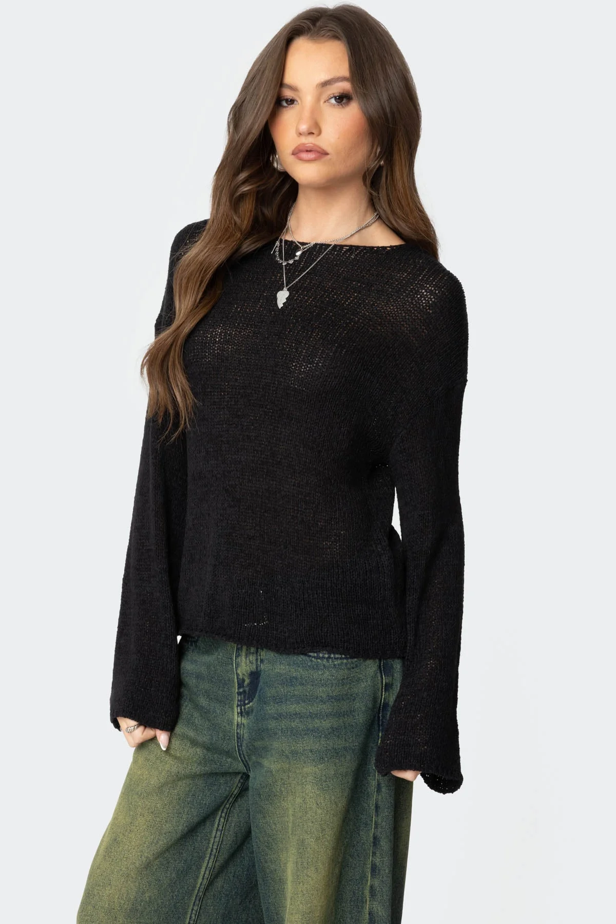 Black Drop Shoulder Knit Sweater - Relaxed Fit