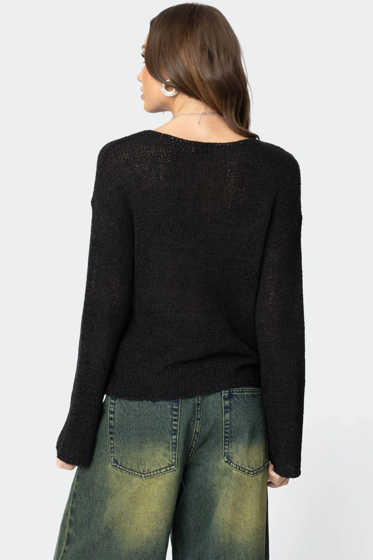 Black Drop Shoulder Knit Sweater - Relaxed Fit