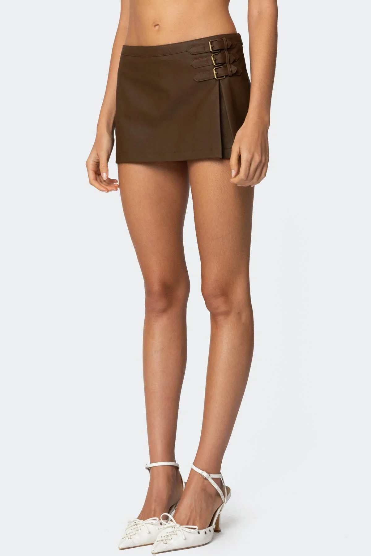 Faux Leather Mini Skort with Triple Belt Detailing Brown XS-XXL
