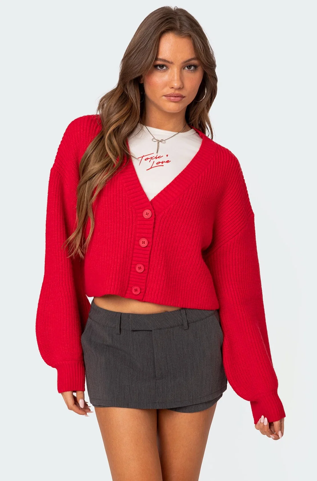 Chunky Knit Red Cropped Cardigan