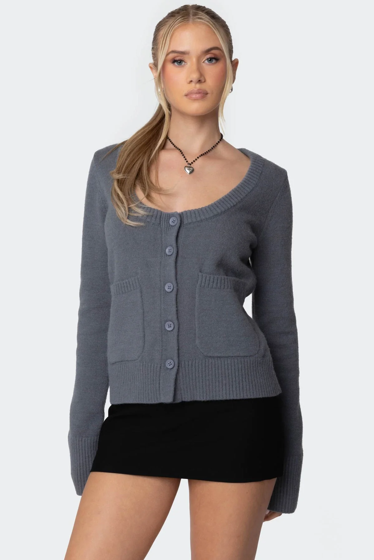 Gray Knit Cardigan Sweater