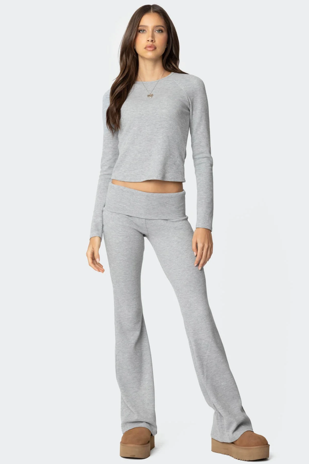 Fold-Over Flared Waffle Knit Lounge Pants in Gray Melange