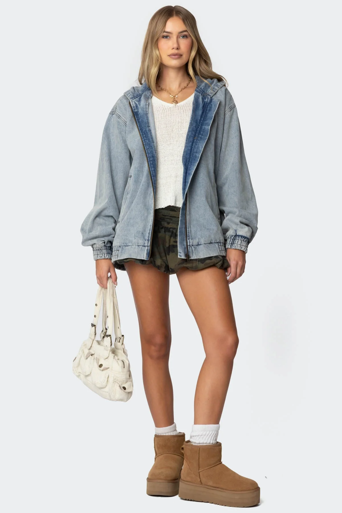 Denim Hooded Bomber Jacket - Vintage Washed Style