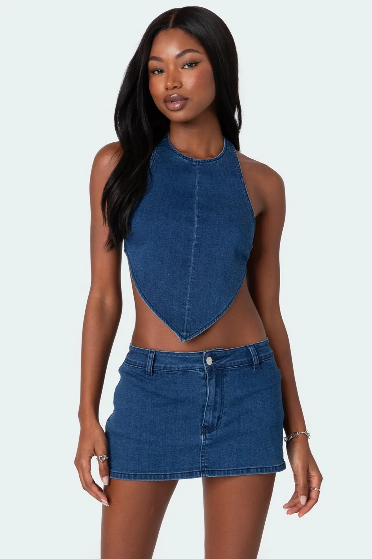 Dark Blue Denim Halter Crop Top