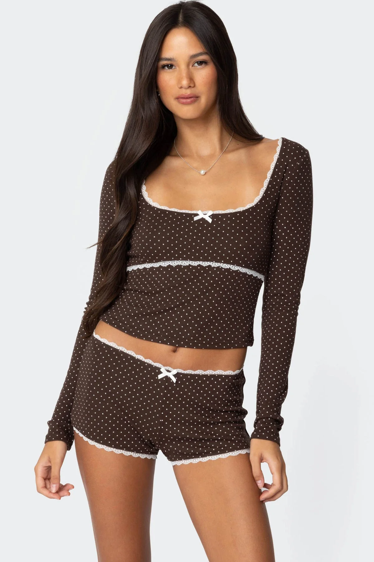 Brown Polka Dot Ribbed Long Sleeve Top for Women