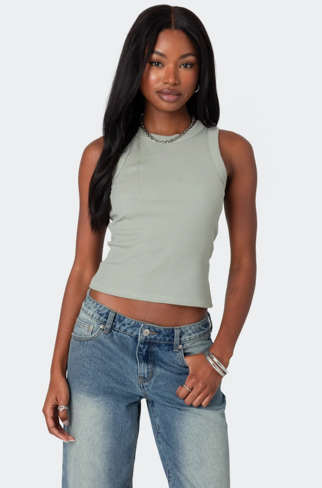Ribbed Cotton Spandex Tank Top in Green - Womens Basic Style