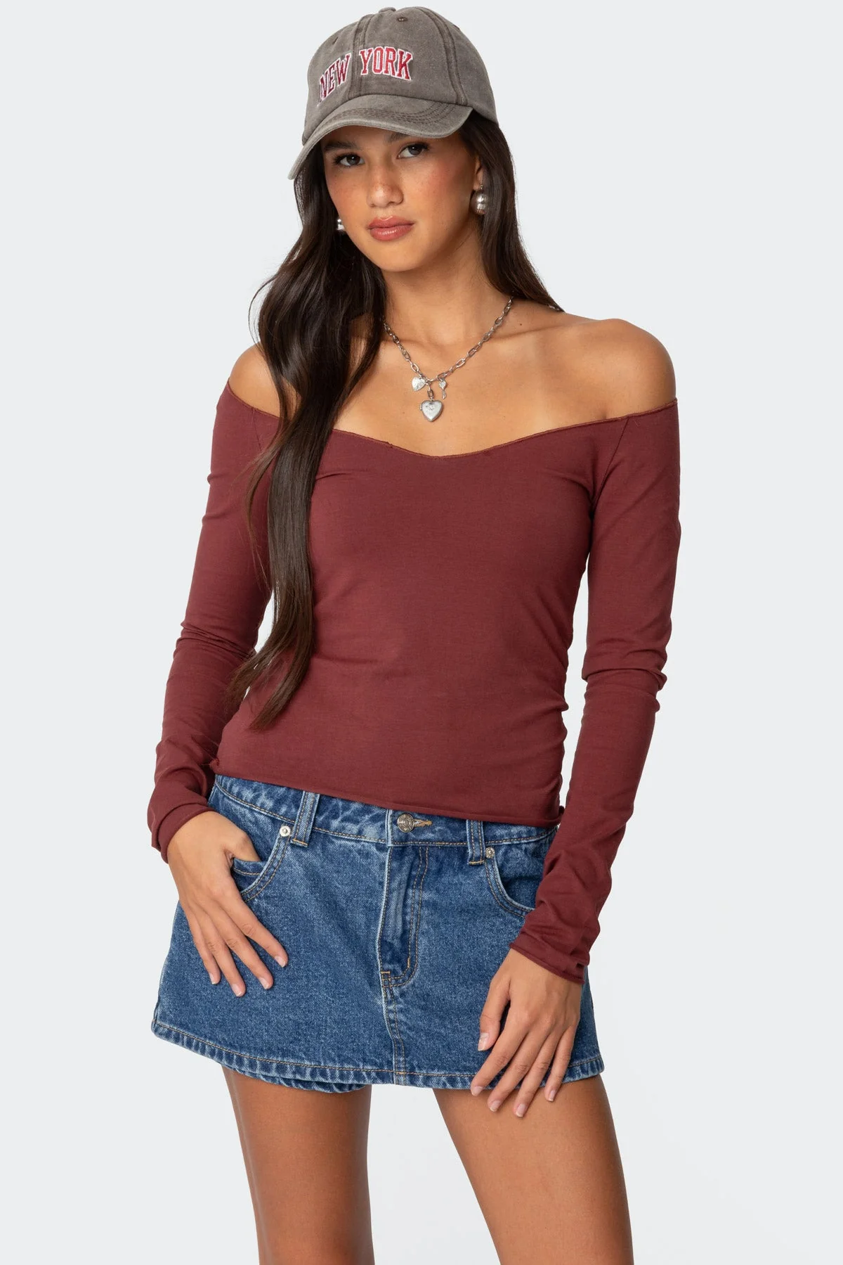 Burgundy Off Shoulder V Neck Top Womens Long Sleeve