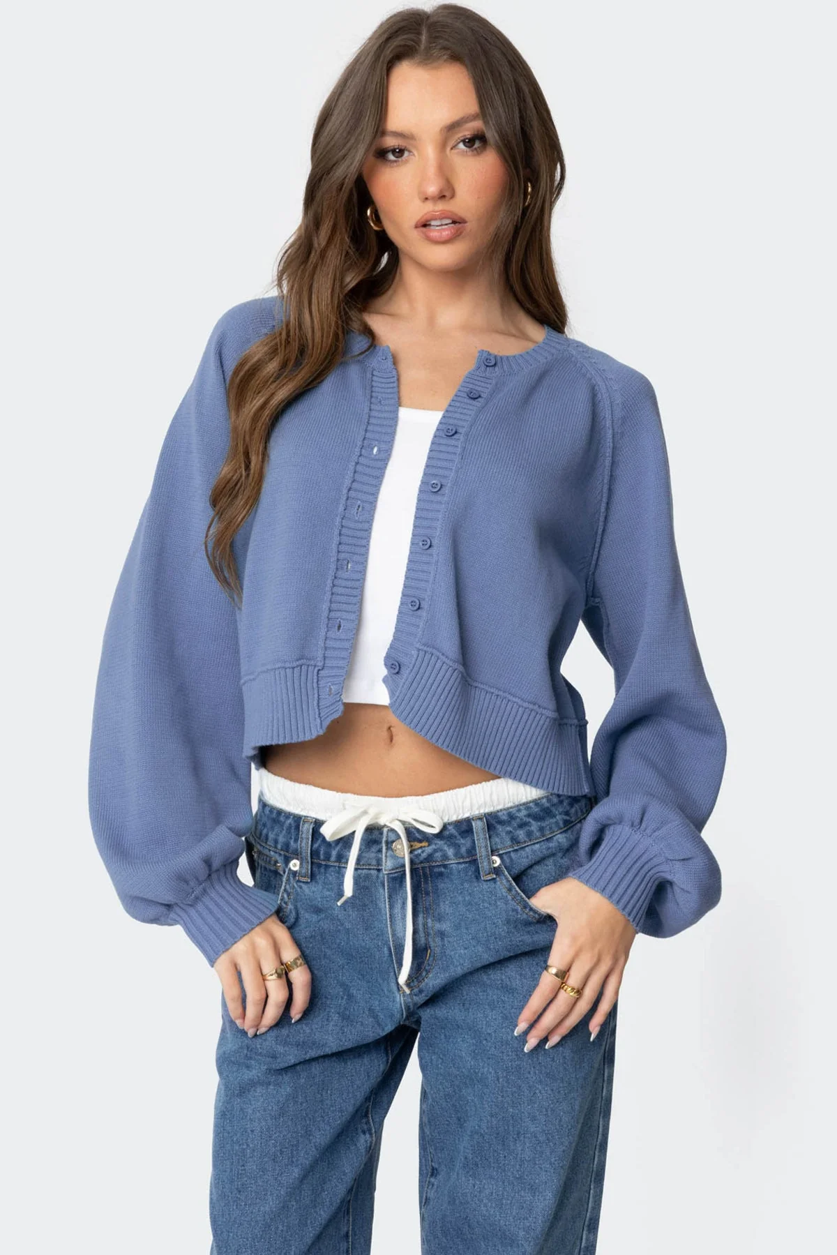 Blue Knit Puff Sleeve Cardigan - Soft Cotton Sweater