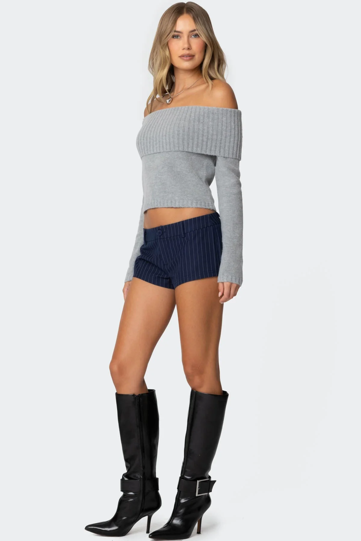 Gray Fold Over Knit Sweater