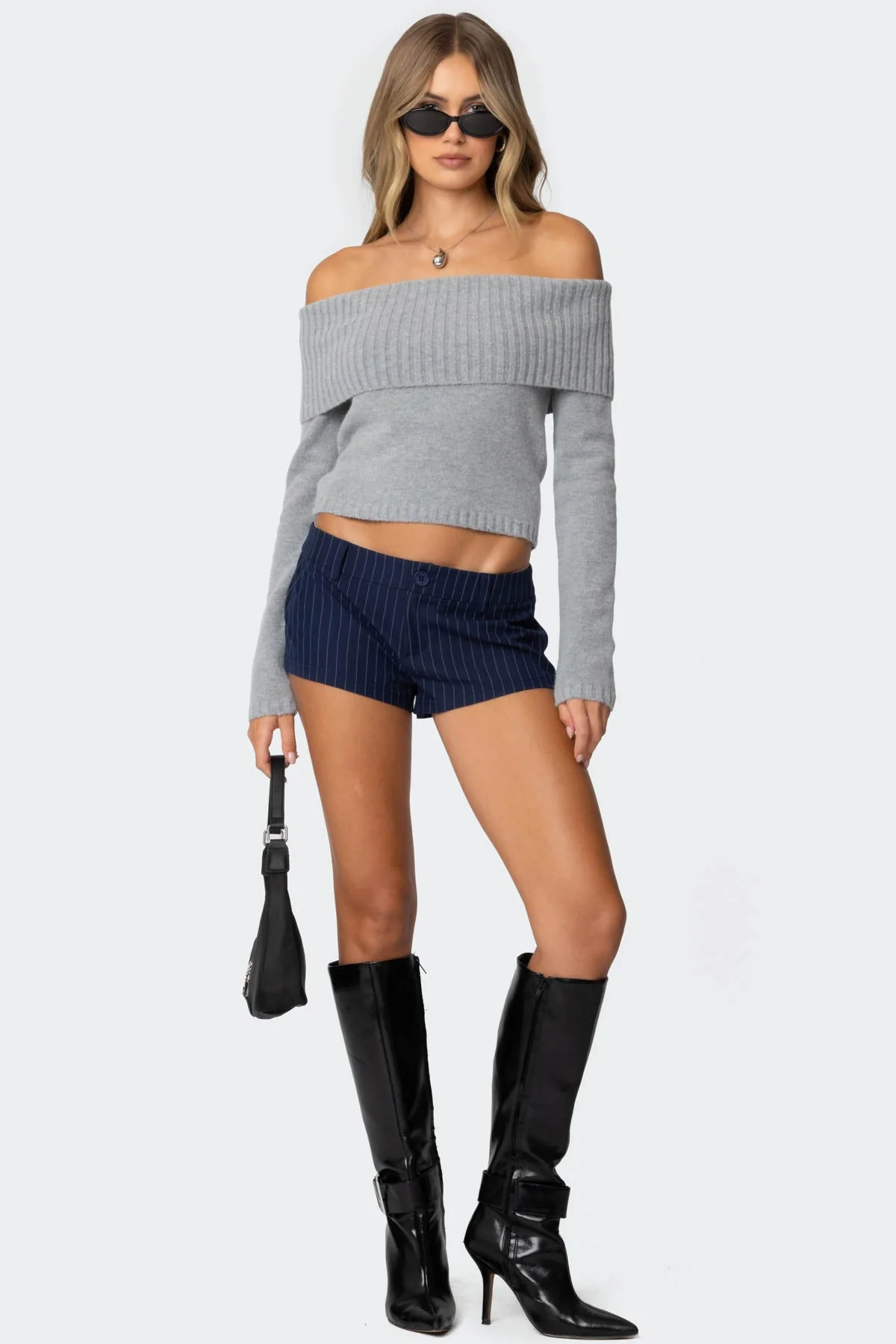 Gray Fold Over Knit Sweater