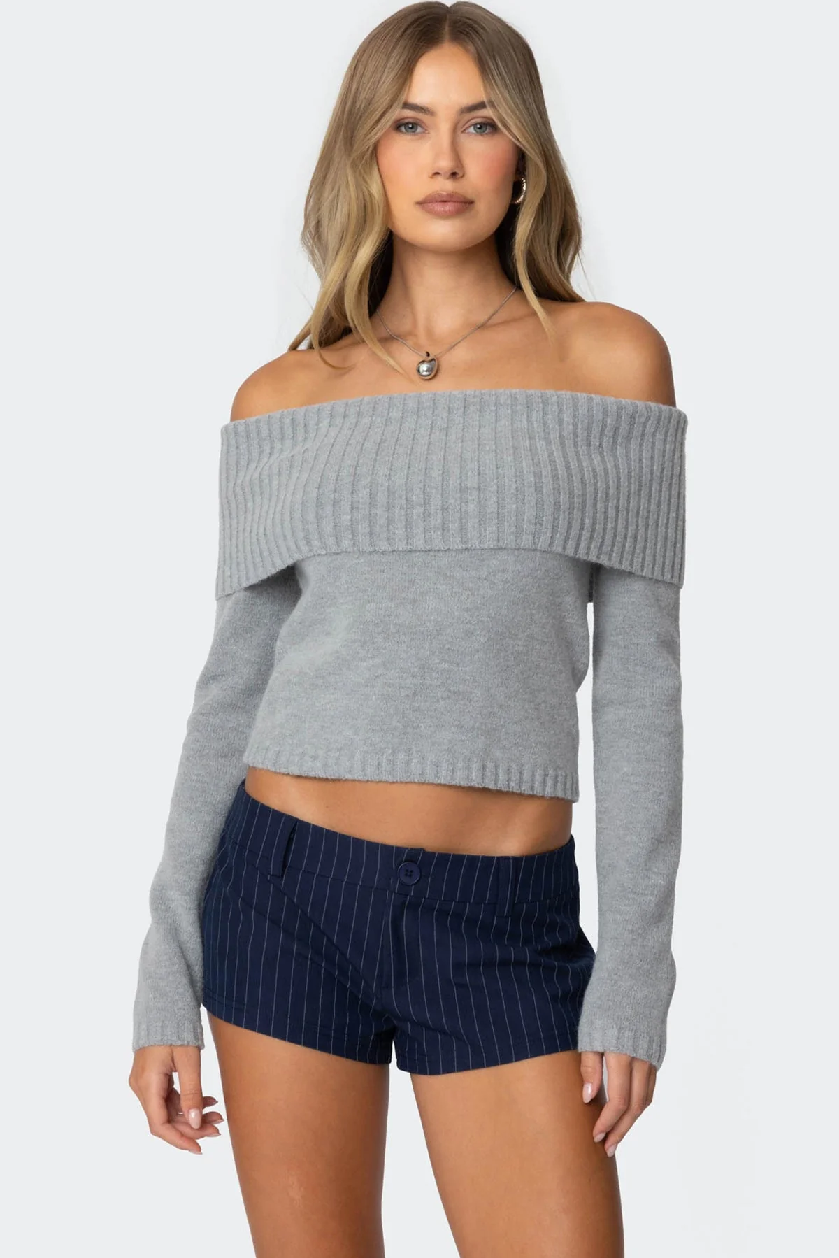 Gray Fold Over Knit Sweater