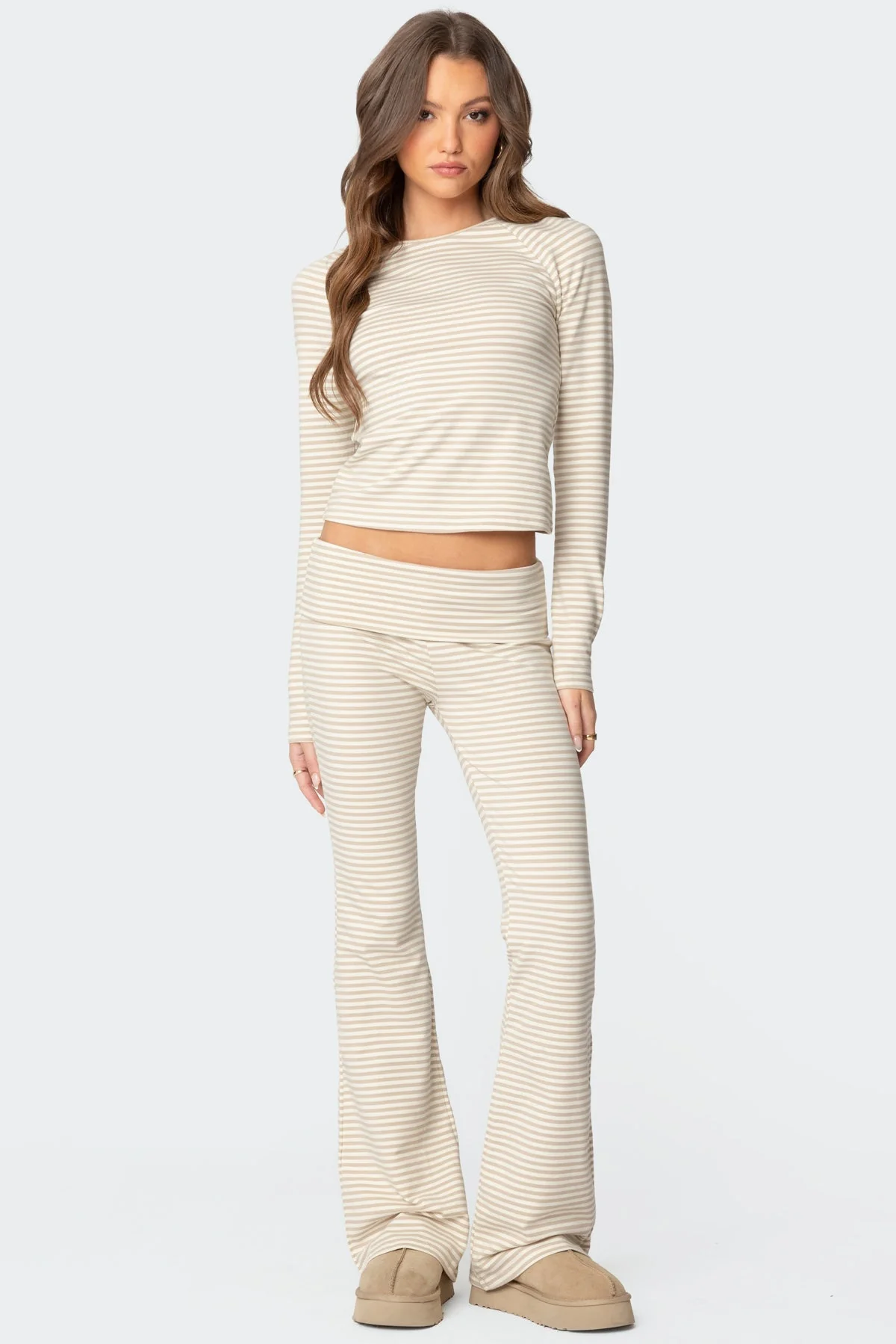 Beige Striped Flared Lounge Leggings
