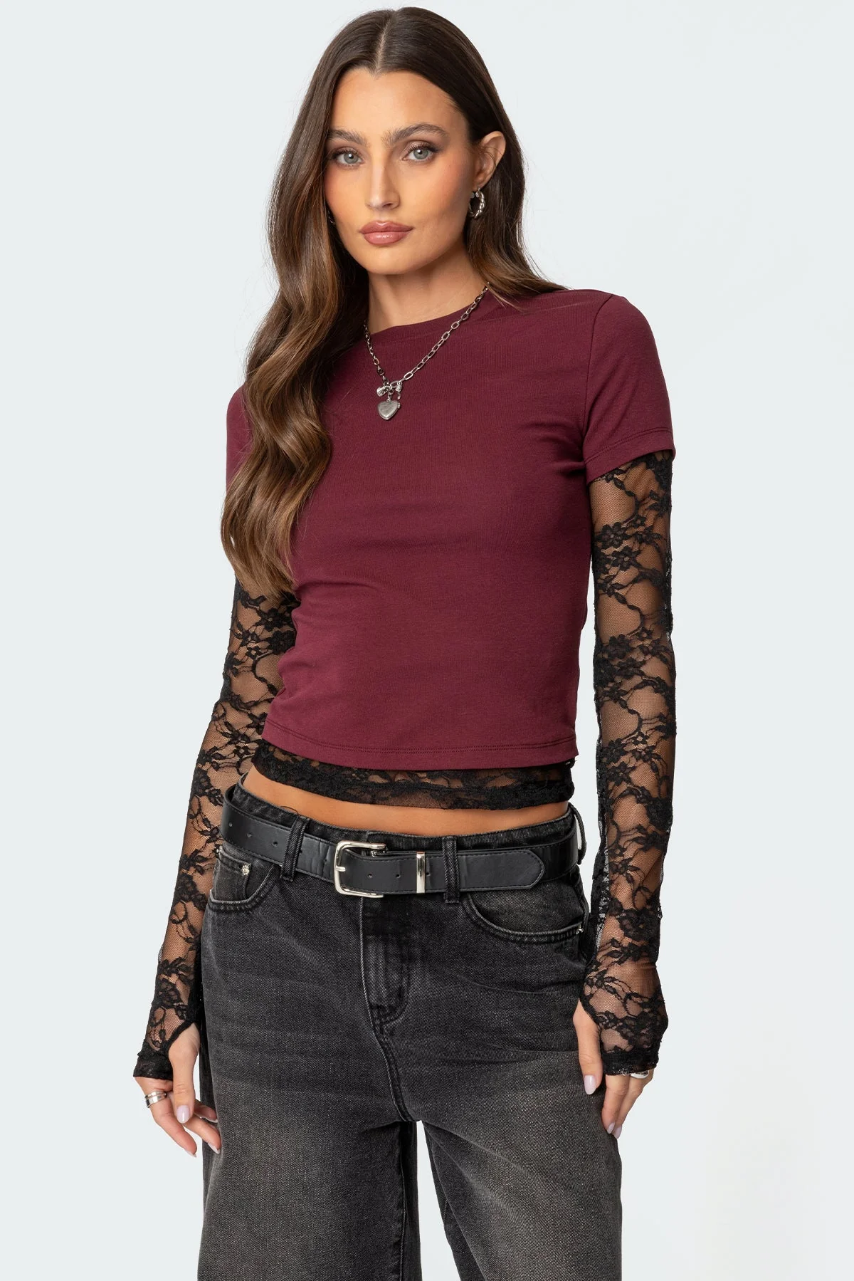 Burgundy Lace Sleeve Layered T-Shirt