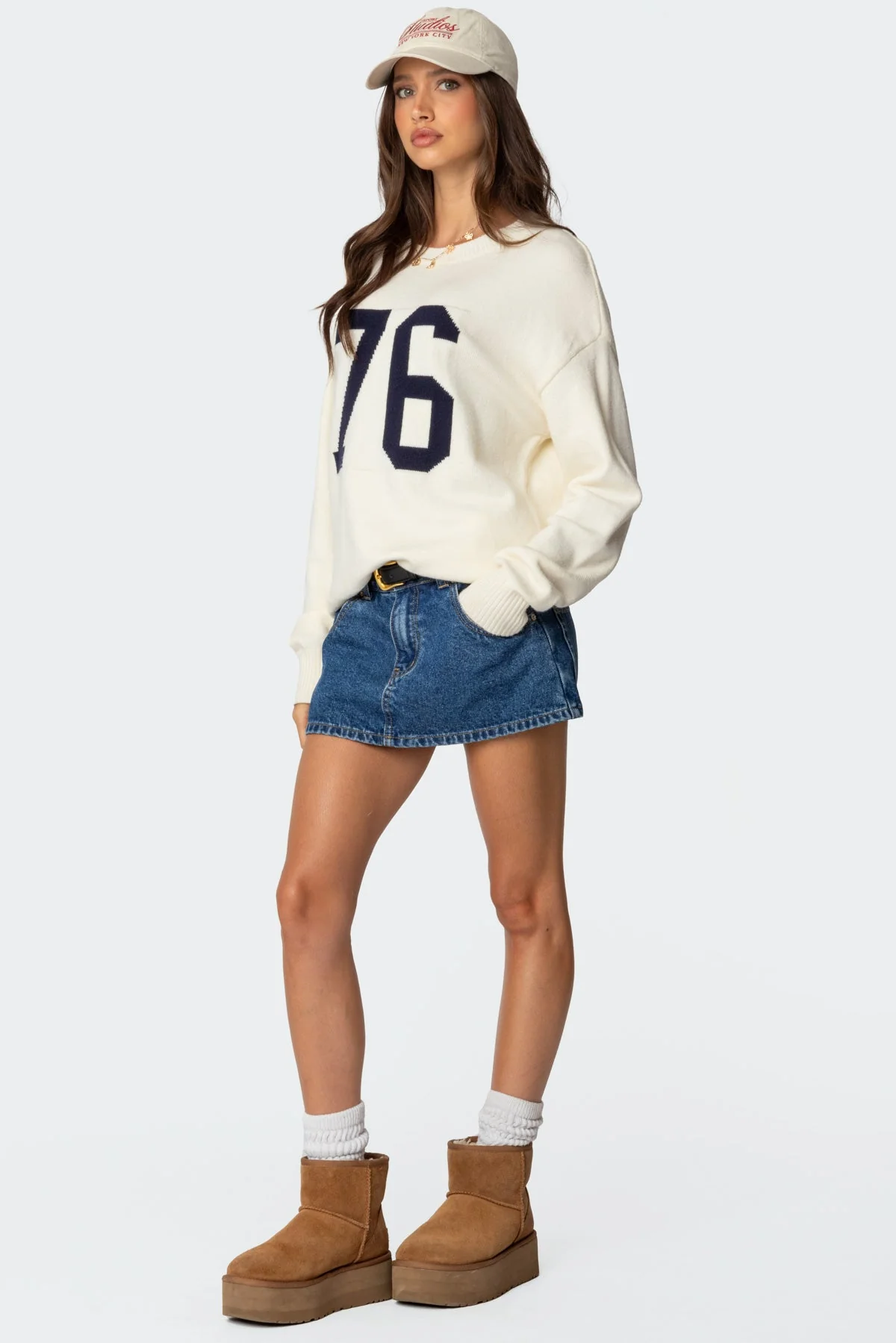 Cream Knit Graphic Text Sweater - Womens Long Sleeve