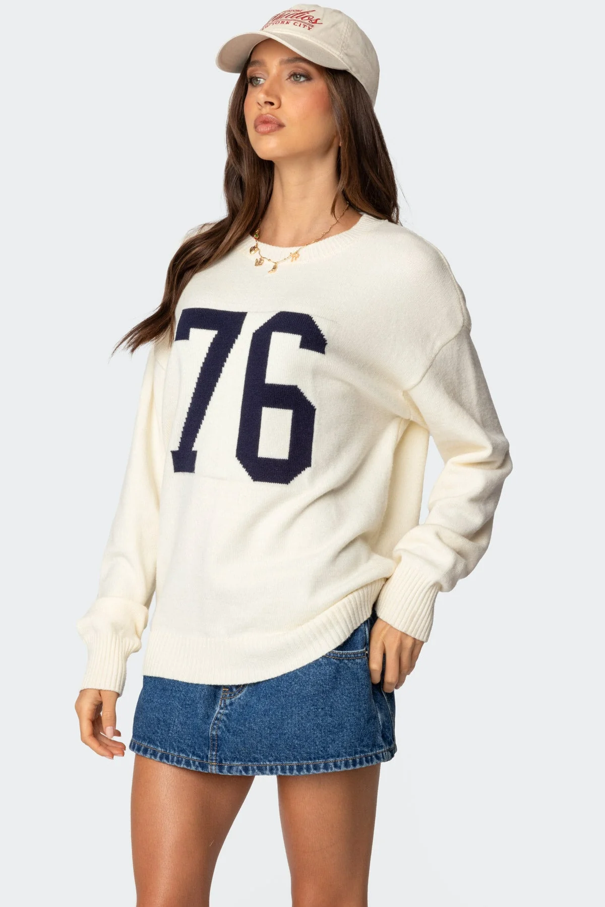 Cream Knit Graphic Text Sweater - Womens Long Sleeve