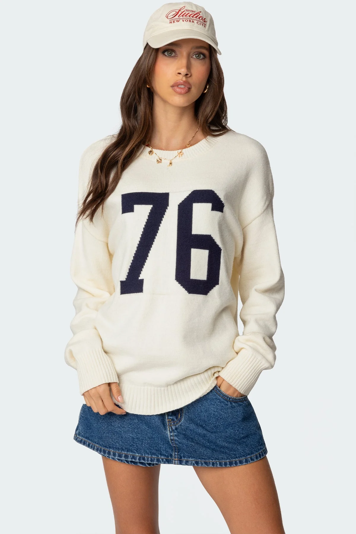 Cream Knit Graphic Text Sweater - Womens Long Sleeve