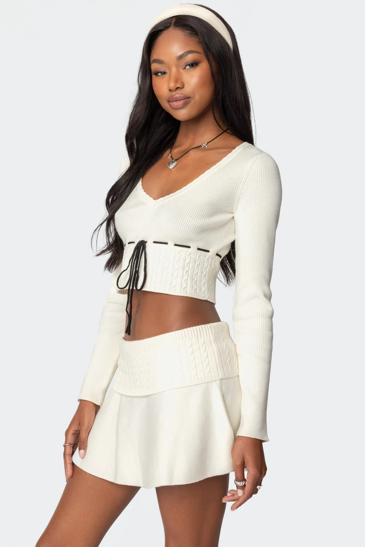 Cream Cable Knit Ribbon Detail Sweater