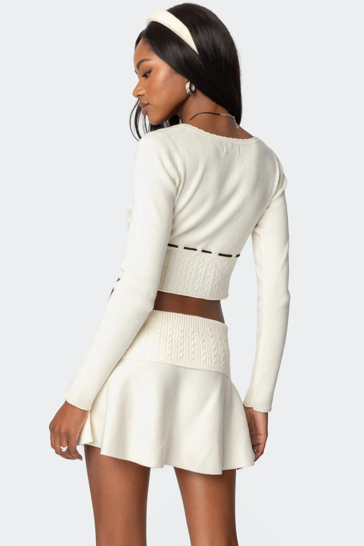 Cream Cable Knit Ribbon Detail Sweater