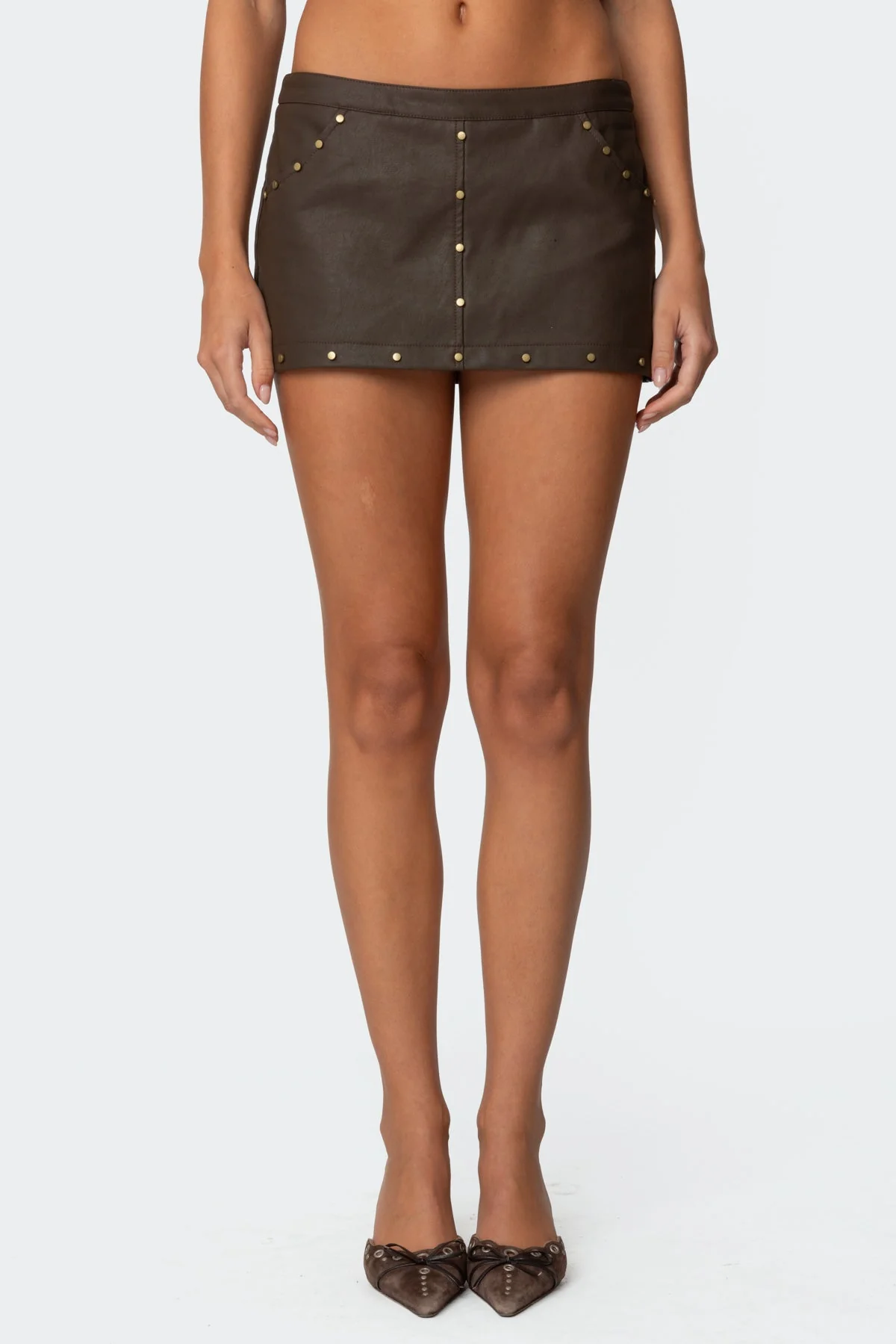 Brown Faux Leather Skort with Stud Detailing