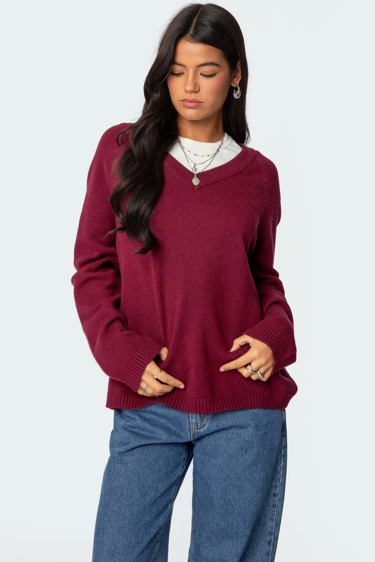 Burgundy Oversized V Neck Sweater - Acrylic Knit Long Sleeve