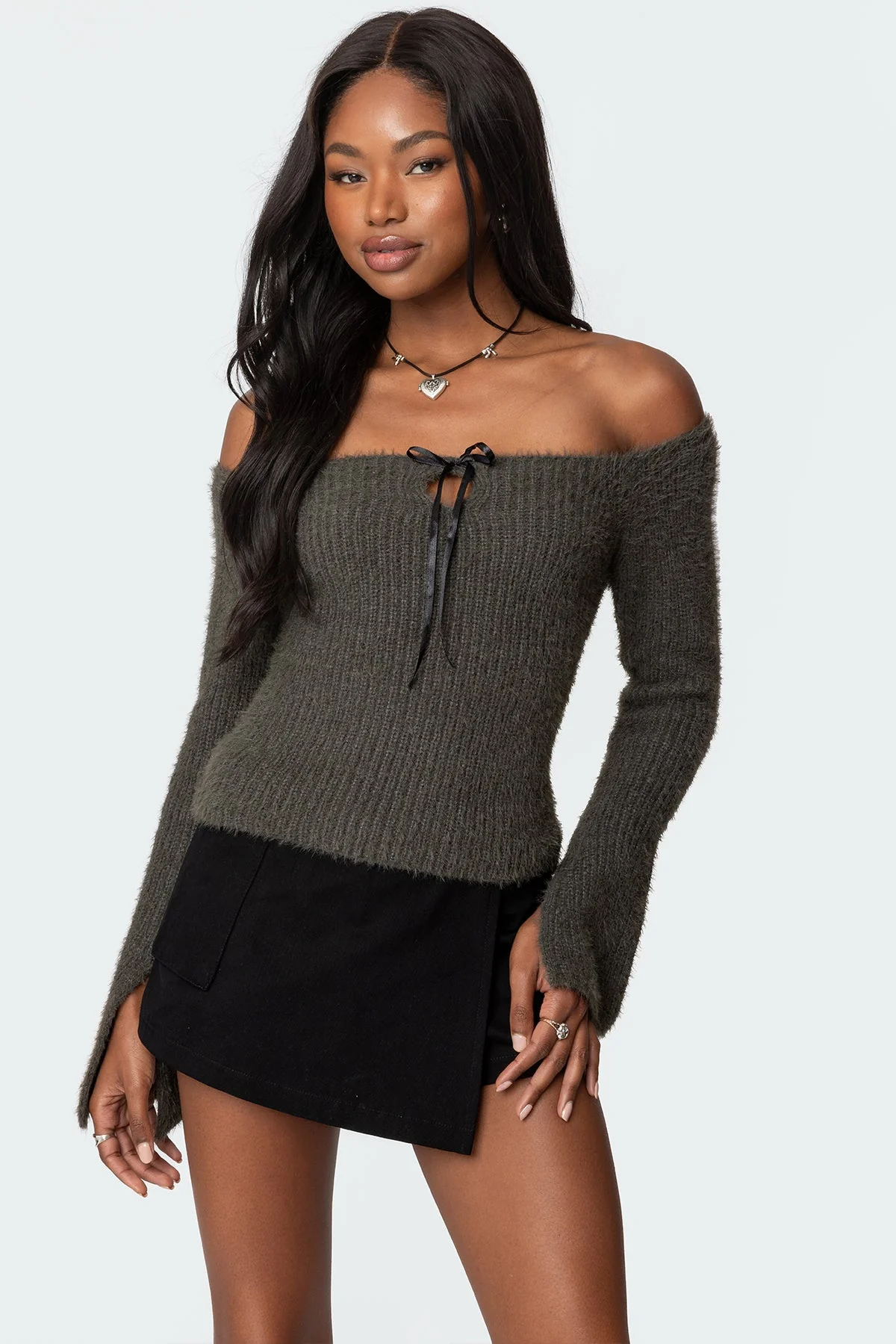 Ribbed Knit Off Shoulder Sweater with Keyhole Detail