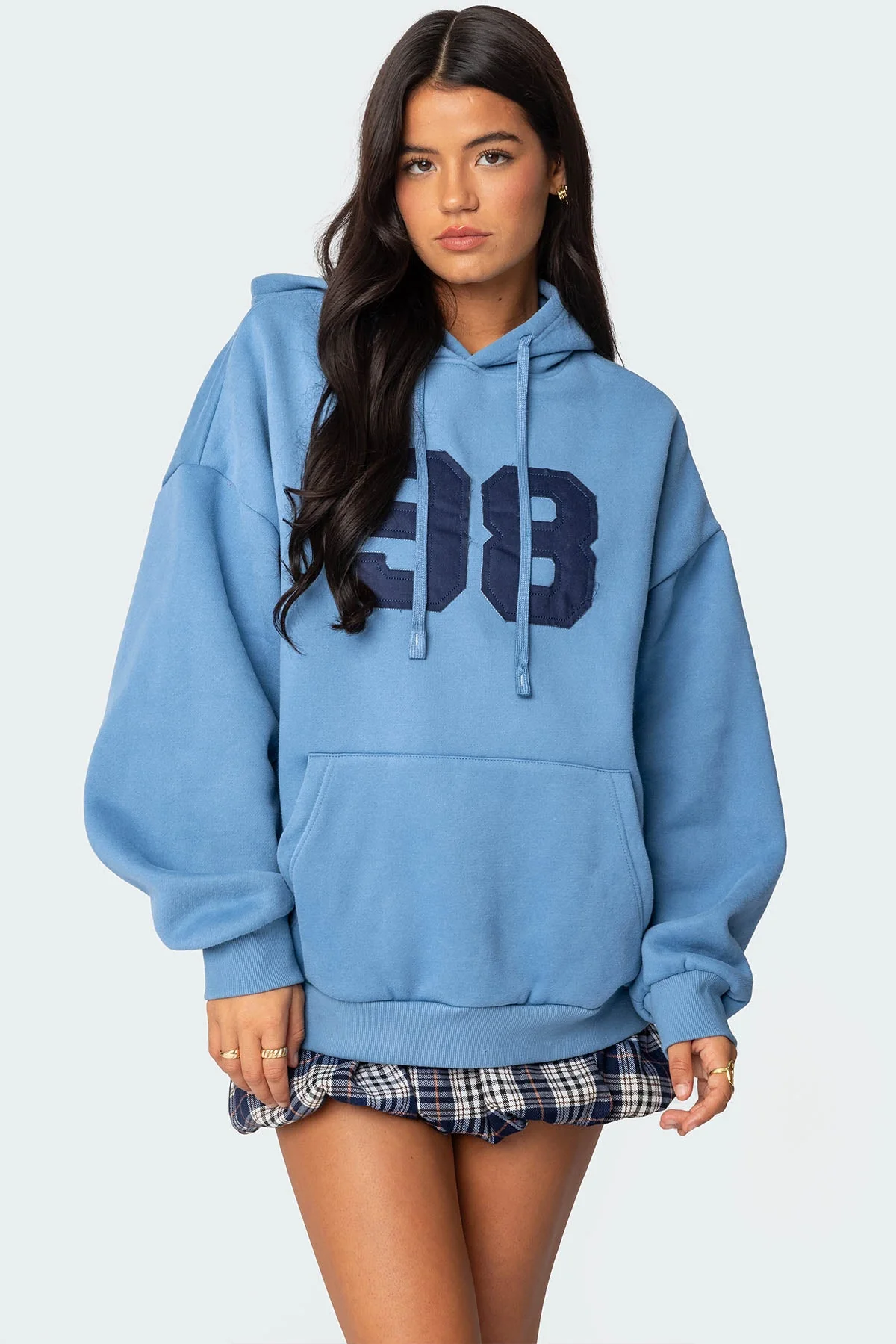 Blue Oversized Hoodie for Women - Graphic Patch Design