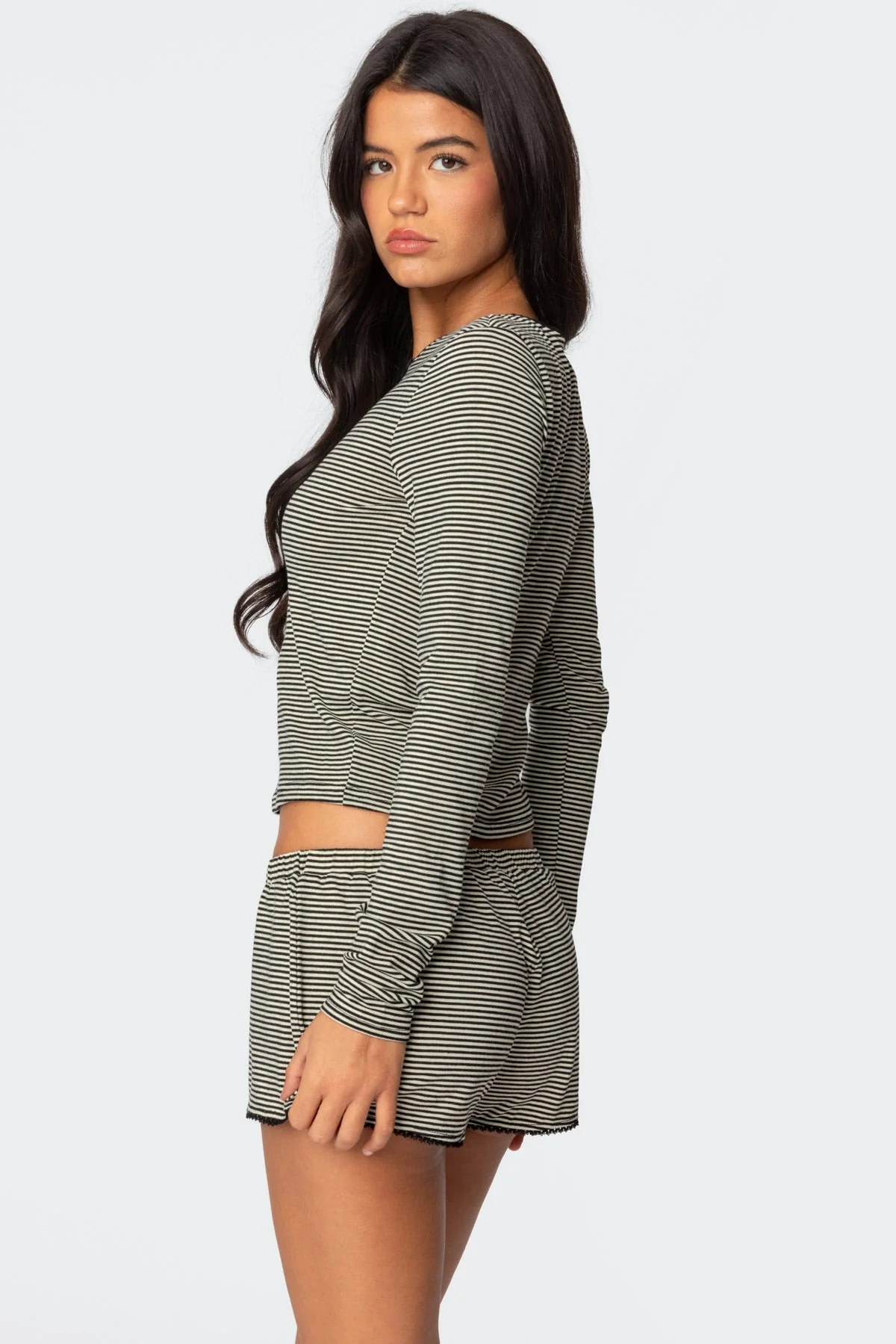 Striped Long Sleeve T-Shirt in Black and White - Frill Trim Sleepwear