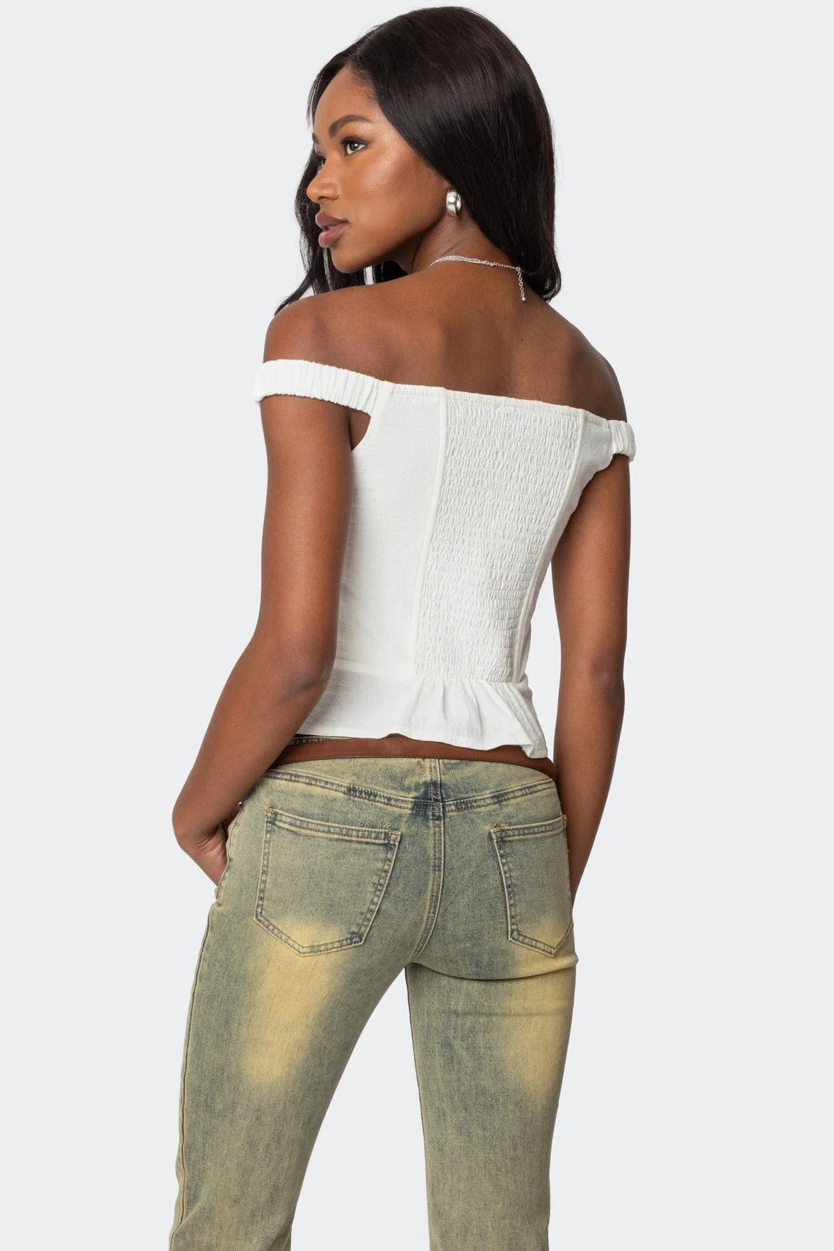 White Linen Off-Shoulder Peplum Top 100% Cotton