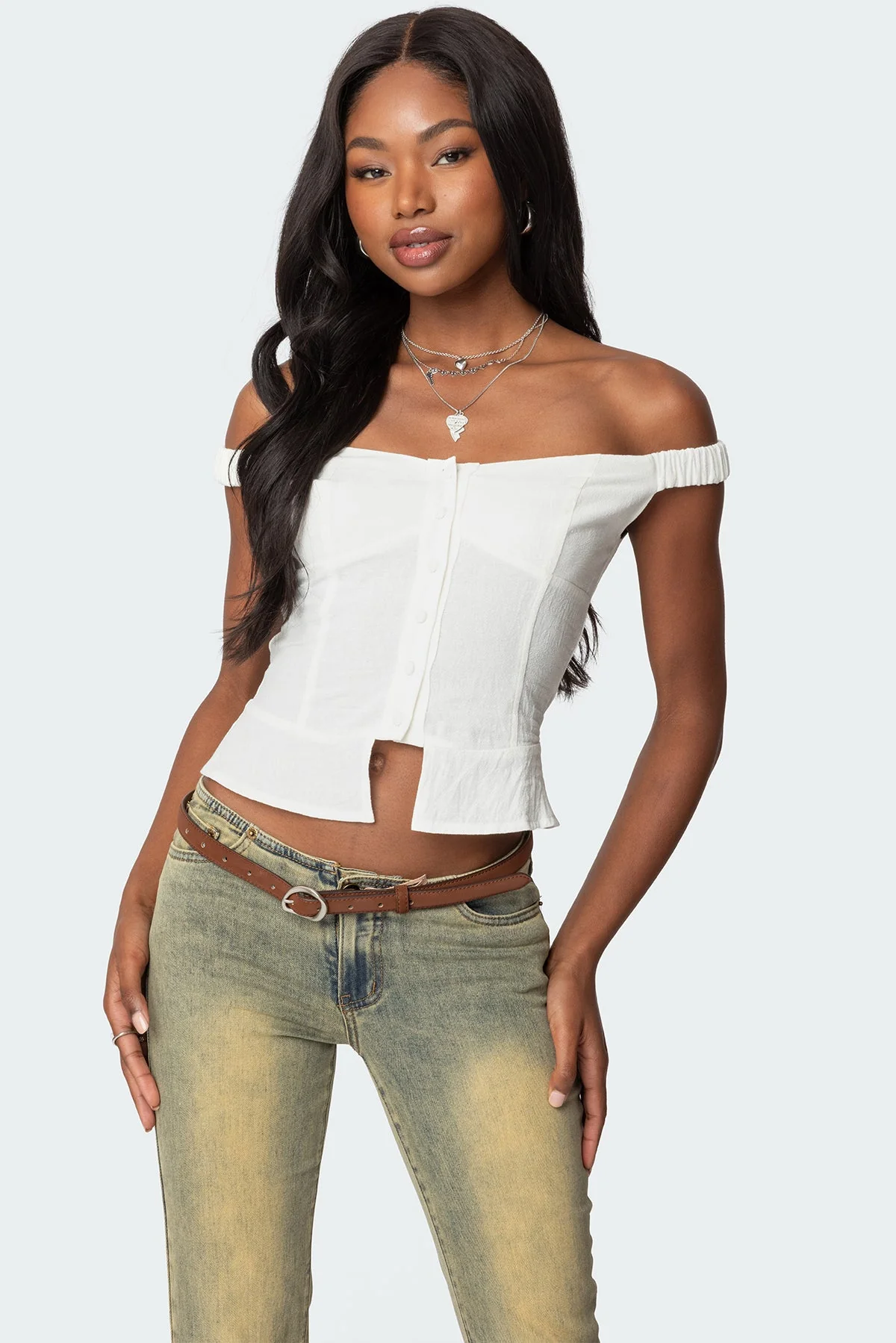 White Linen Off-Shoulder Peplum Top 100% Cotton