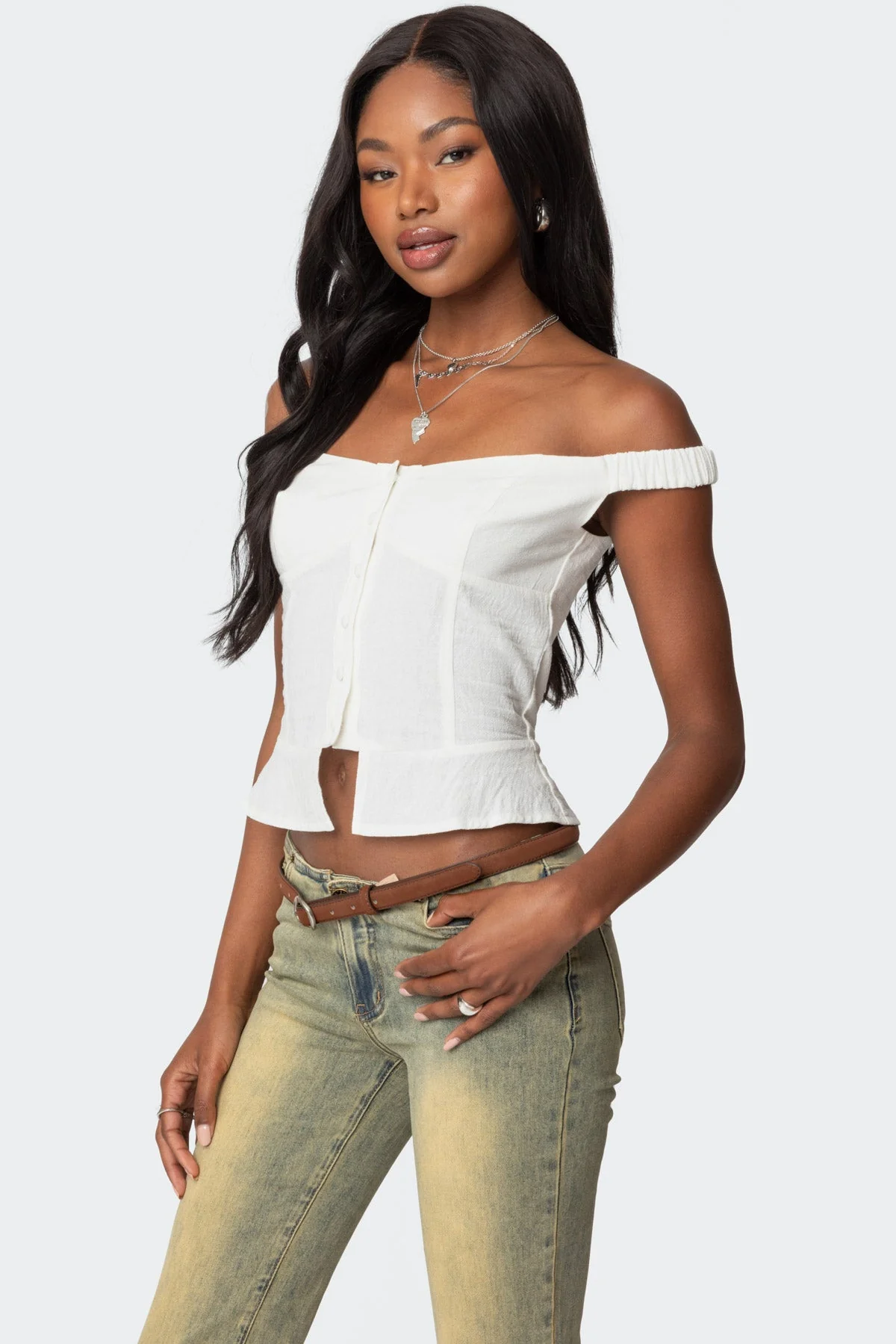 White Linen Off-Shoulder Peplum Top 100% Cotton