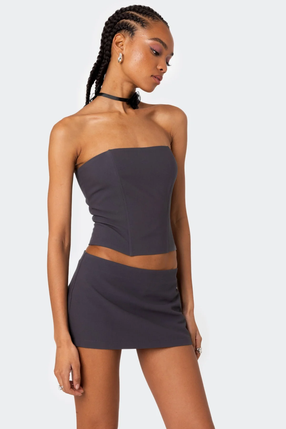 Strapless Dark Gray Lace-Up Corset Set