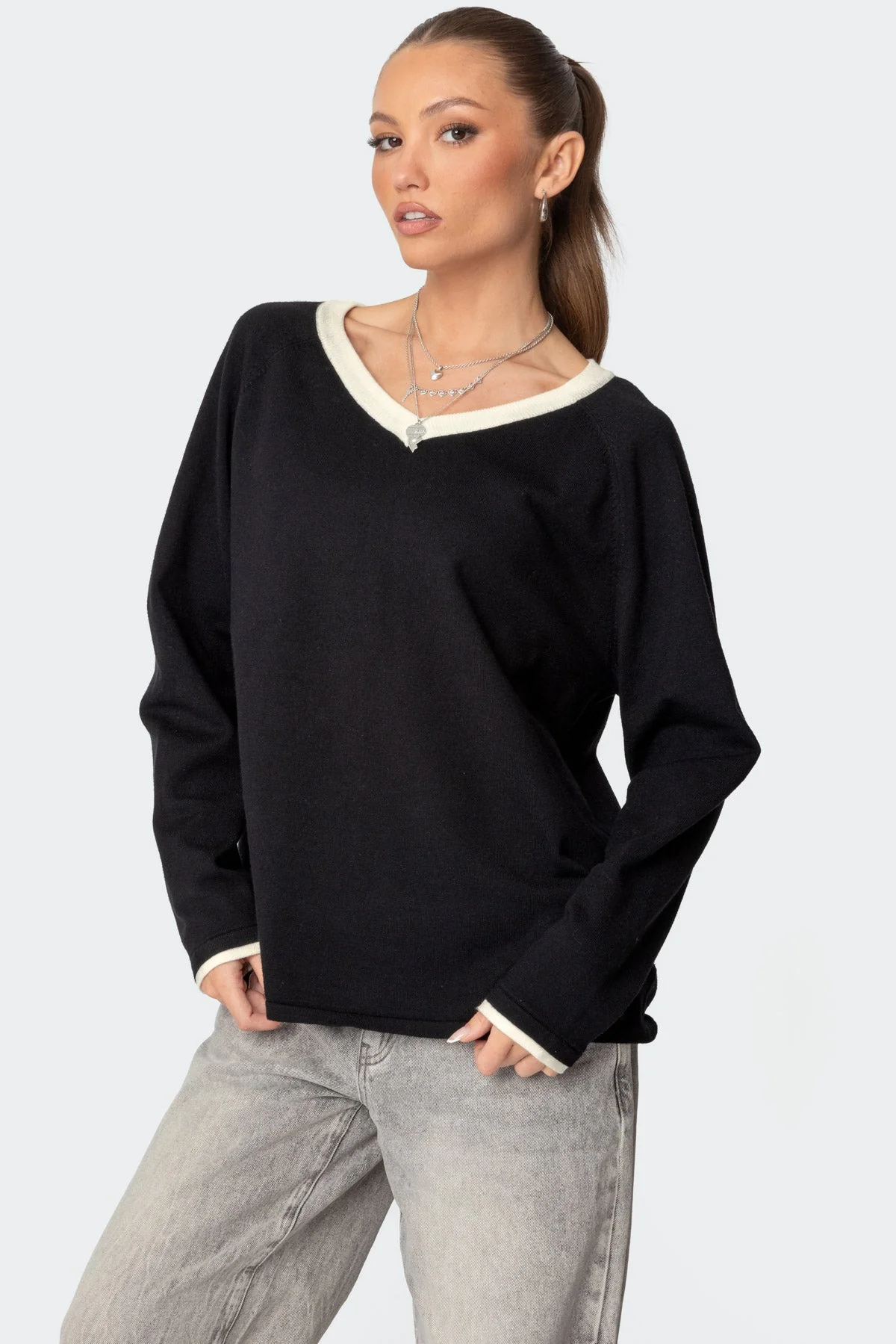 Black V Neck Knit Sweater Womens Oversized Fit