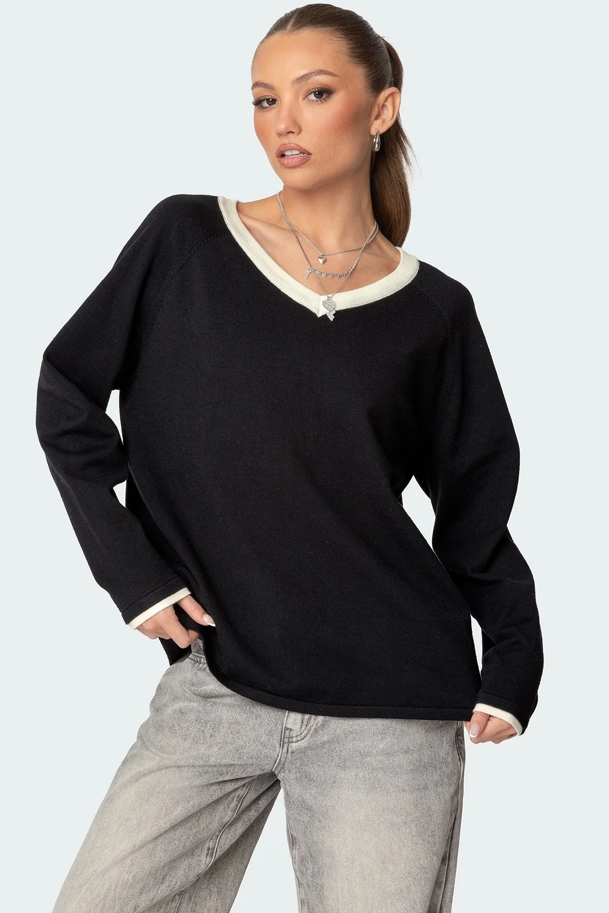 Black V Neck Knit Sweater Womens Oversized Fit