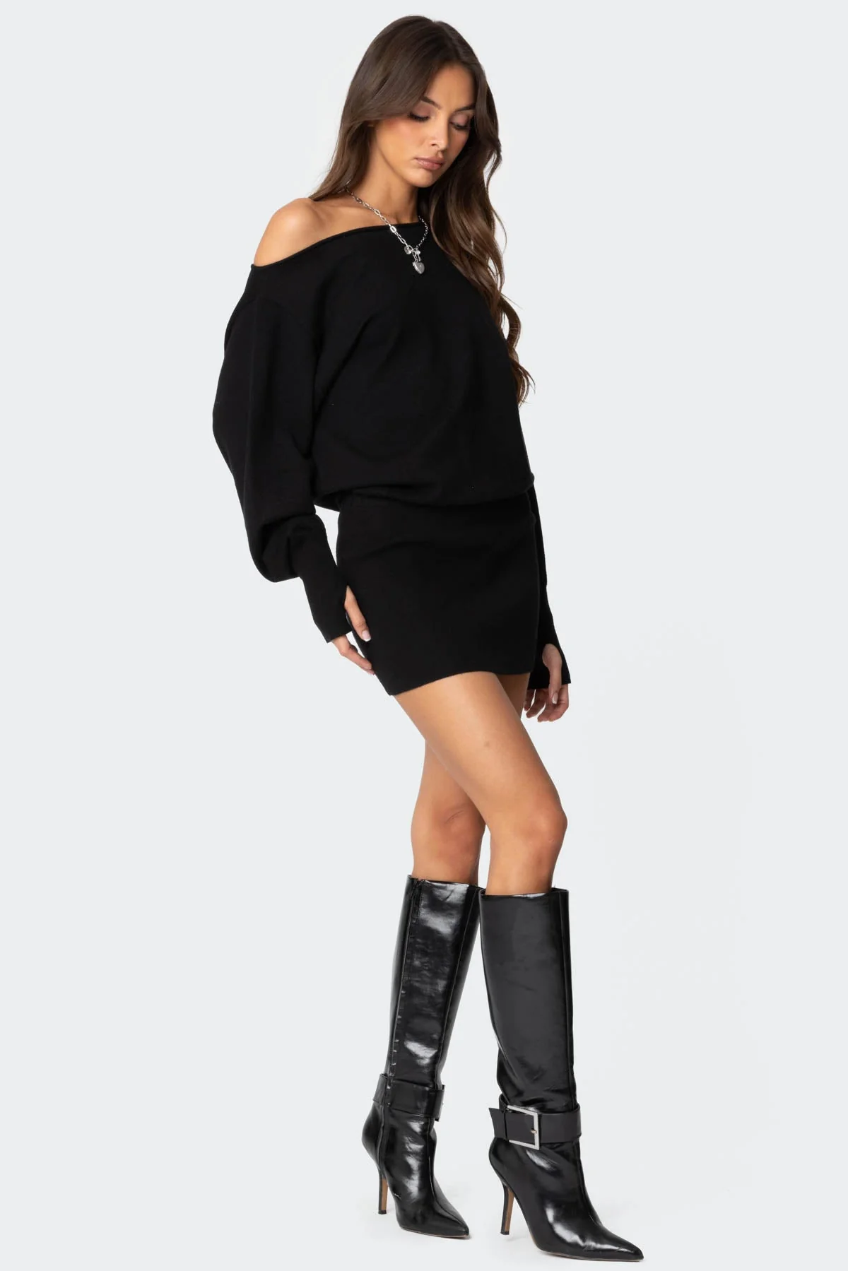 Black Knit Off Shoulder Mini Dress