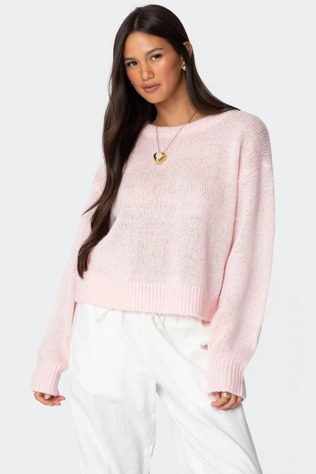 Light Pink Oversized Knit Sweater Womens Long Sleeve Top
