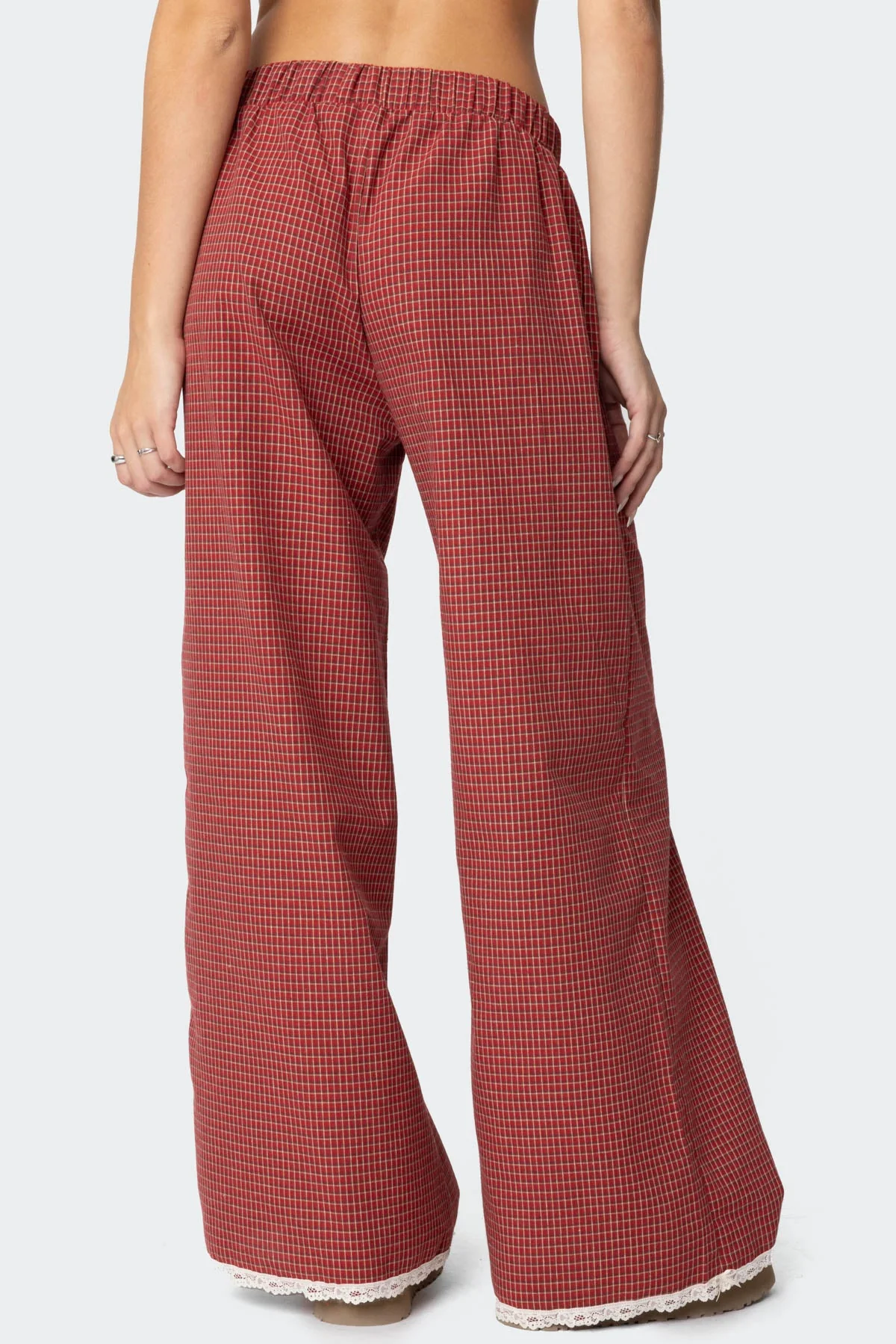 Red Plaid Lounge Pants Womens Elastic Waist Lace Trim Bow Detail